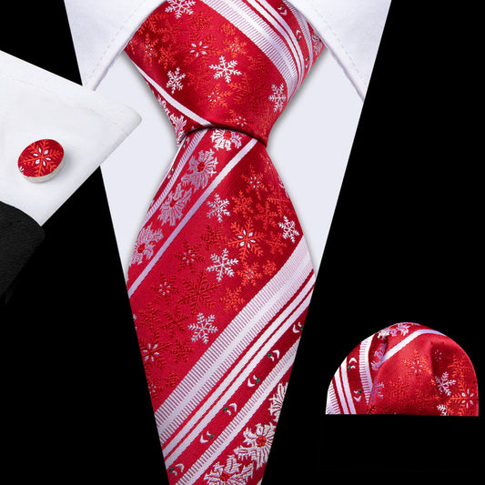 Crimson & Snow White Christmas Snowflake Silk Tie, Pocket Square, and Cufflinks Set tie sets - Sophisticated Gentlemen