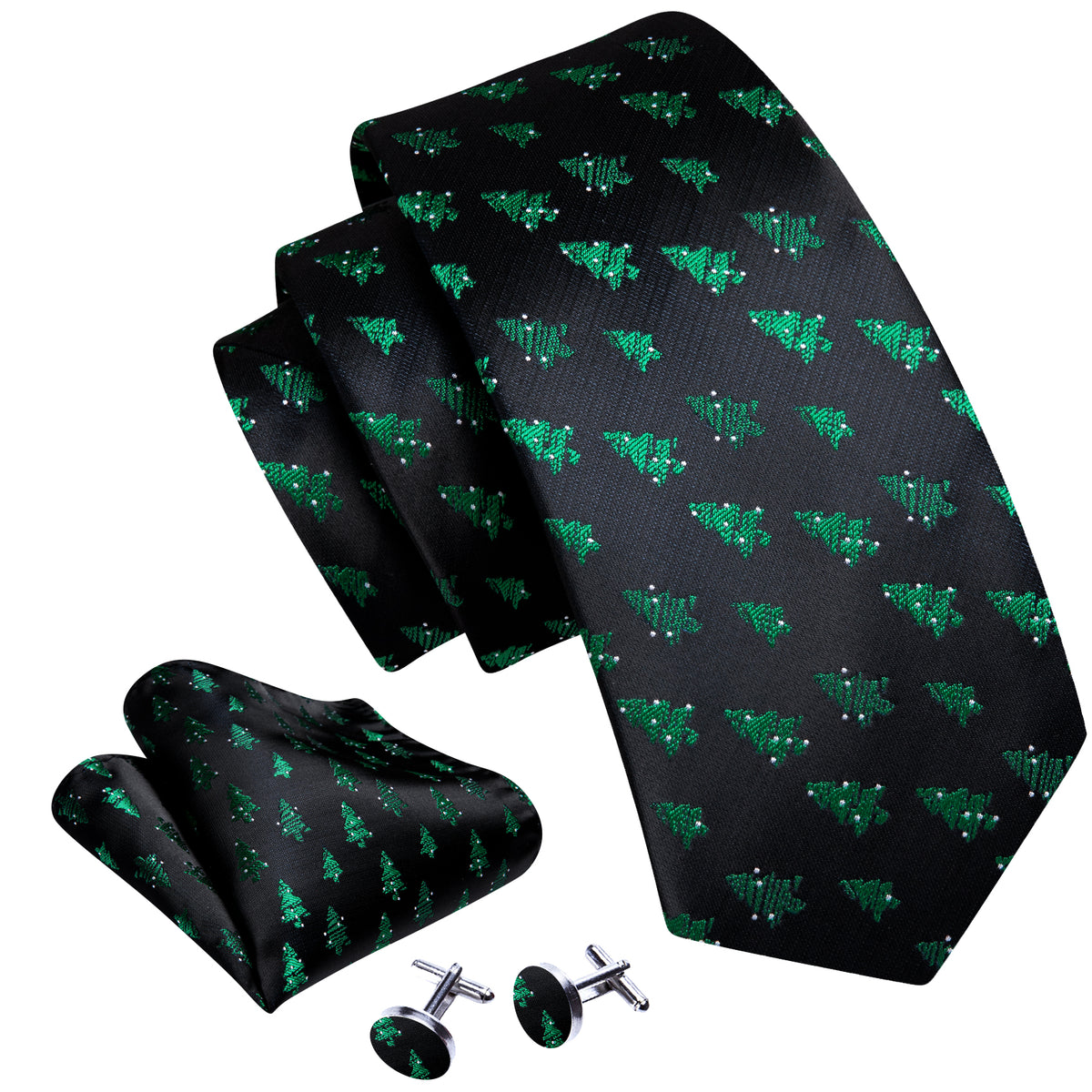 Midnight Black & Emerald Green Christmas Tree Silk Tie, Pocket Square, and Cufflinks Set tie sets - Sophisticated Gentlemen