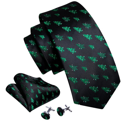 Midnight Black & Emerald Green Christmas Tree Silk Tie, Pocket Square, and Cufflinks Set tie sets - Sophisticated Gentlemen