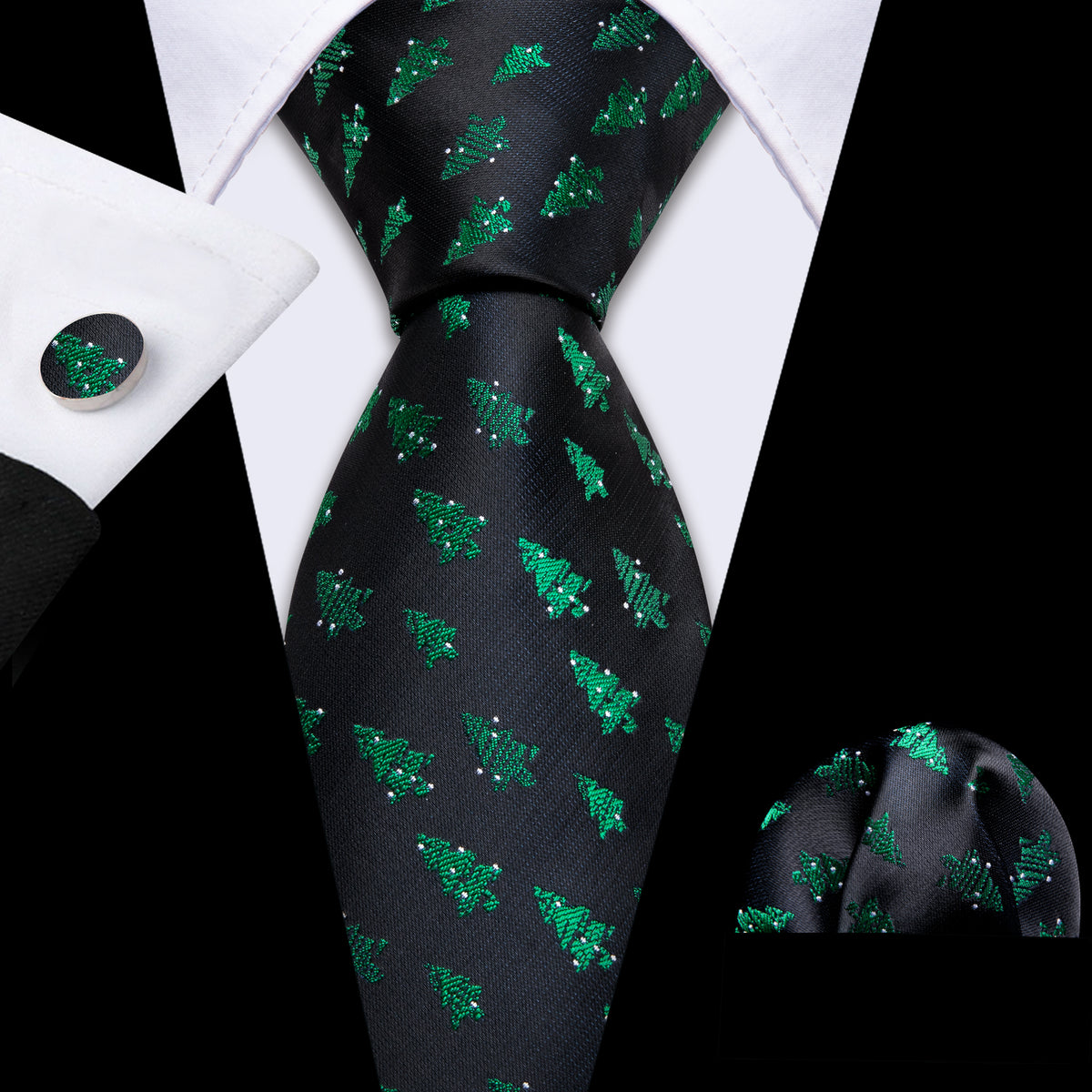 Midnight Black & Emerald Green Christmas Tree Silk Tie, Pocket Square, and Cufflinks Set tie sets - Sophisticated Gentlemen