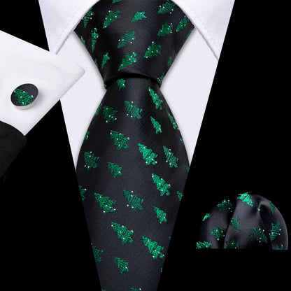 Midnight Black & Emerald Green Christmas Tree Silk Tie, Pocket Square, and Cufflinks Set tie sets - Sophisticated Gentlemen