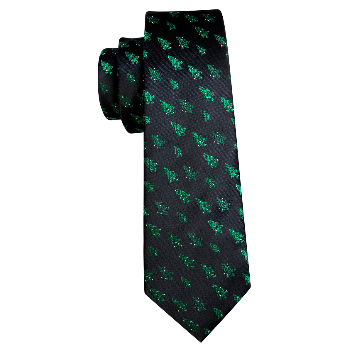 Midnight Black & Emerald Green Christmas Tree Silk Tie, Pocket Square, and Cufflinks Set tie sets - Sophisticated Gentlemen
