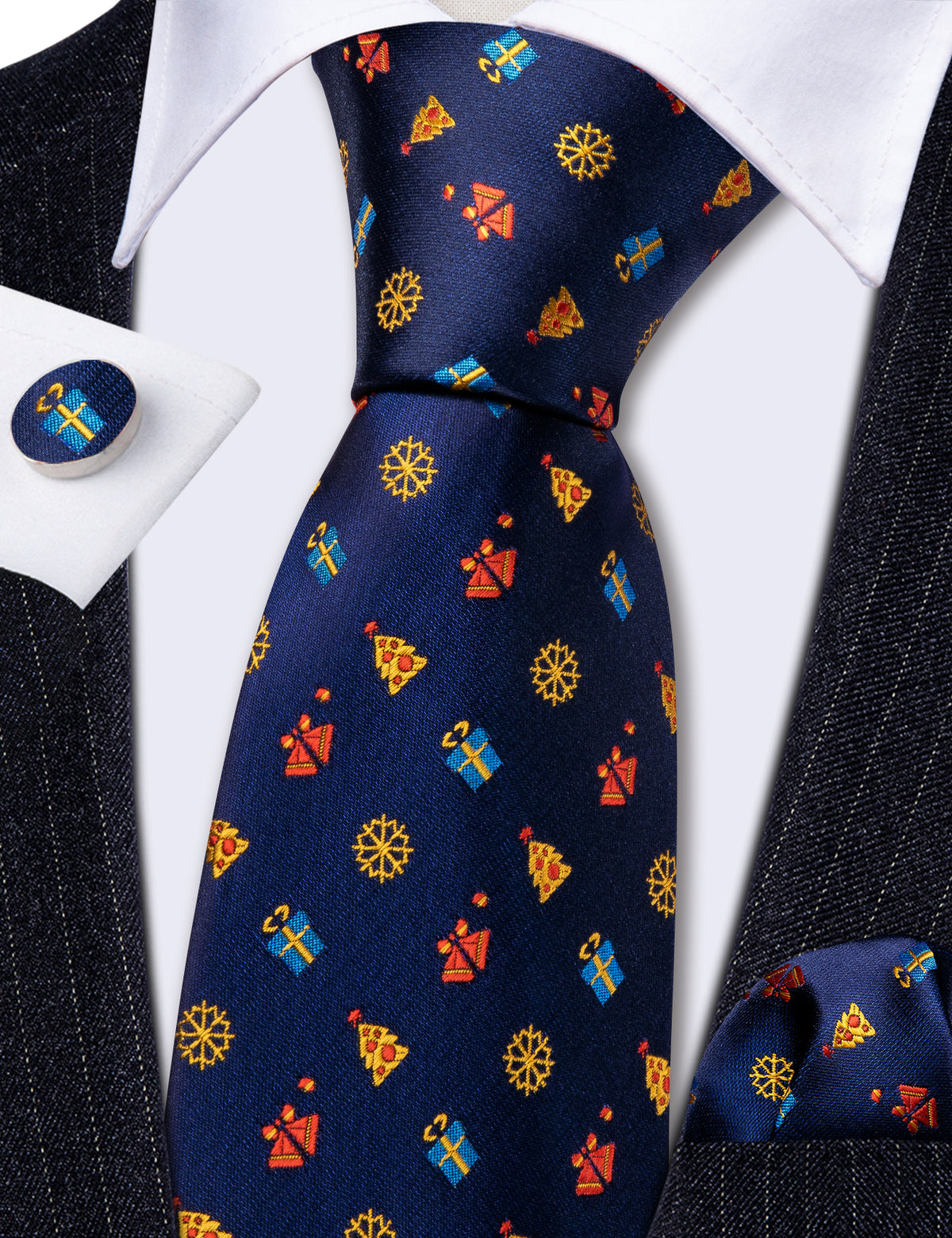 Blue Christmas Printed Pattern Tie, Pocket Square and Cufflinks Set tie sets    - Sophisticated Gentlemen