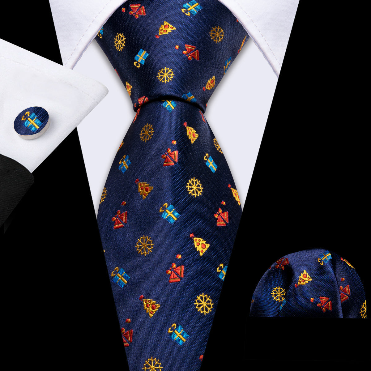 Blue Christmas Printed Pattern Tie, Pocket Square and Cufflinks Set tie sets    - Sophisticated Gentlemen