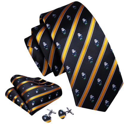 Black Yellow Christmas Santa Claus Pattern Tie, Pocket Square and Cufflinks Set tie sets    - Sophisticated Gentlemen
