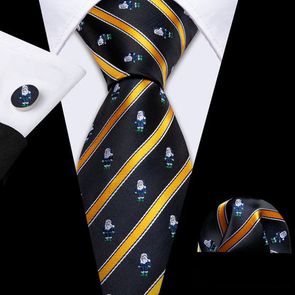 Black Yellow Christmas Santa Claus Pattern Tie, Pocket Square and Cufflinks Set tie sets    - Sophisticated Gentlemen