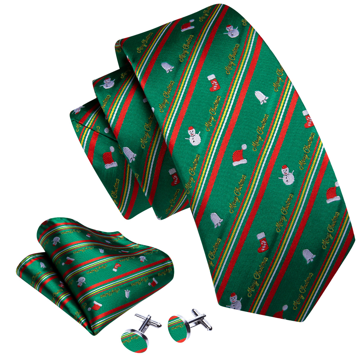 Festive Green & Red Snowman Pattern Silk Tie, Pocket Square, and Cufflinks Set tie sets - Sophisticated Gentlemen