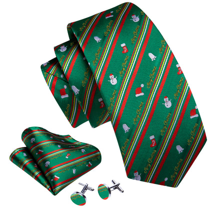 Festive Green & Red Snowman Pattern Silk Tie, Pocket Square, and Cufflinks Set tie sets - Sophisticated Gentlemen