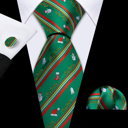 Festive Green & Red Snowman Pattern Silk Tie, Pocket Square, and Cufflinks Set tie sets - Sophisticated Gentlemen
