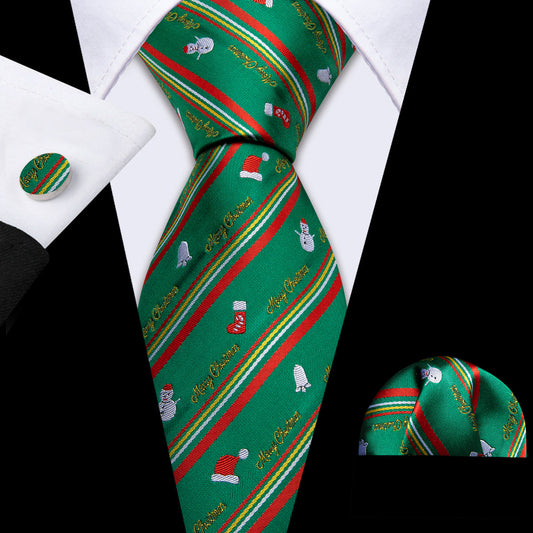Festive Green & Red Snowman Pattern Silk Tie, Pocket Square, and Cufflinks Set tie sets - Sophisticated Gentlemen