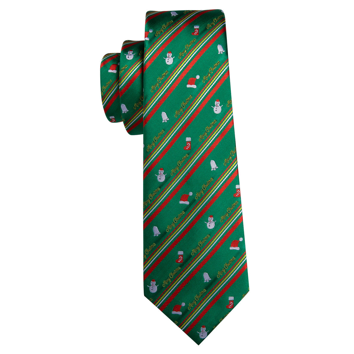 Festive Green & Red Snowman Pattern Silk Tie, Pocket Square, and Cufflinks Set tie sets - Sophisticated Gentlemen