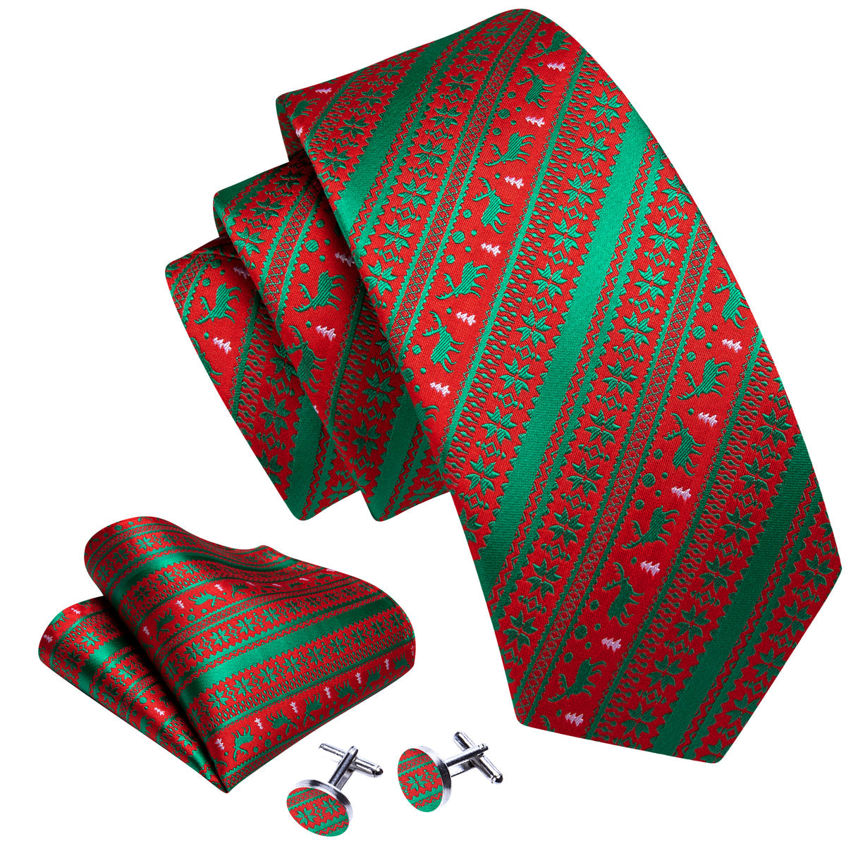 Green Red Christmas Elk Pattern Tie, Pocket Square and Cufflinks Set tie sets    - Sophisticated Gentlemen