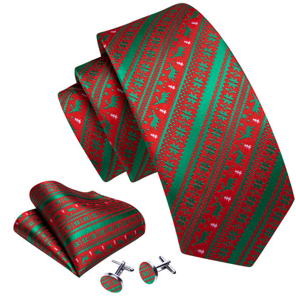 Green Red Christmas Elk Pattern Tie, Pocket Square and Cufflinks Set tie sets    - Sophisticated Gentlemen