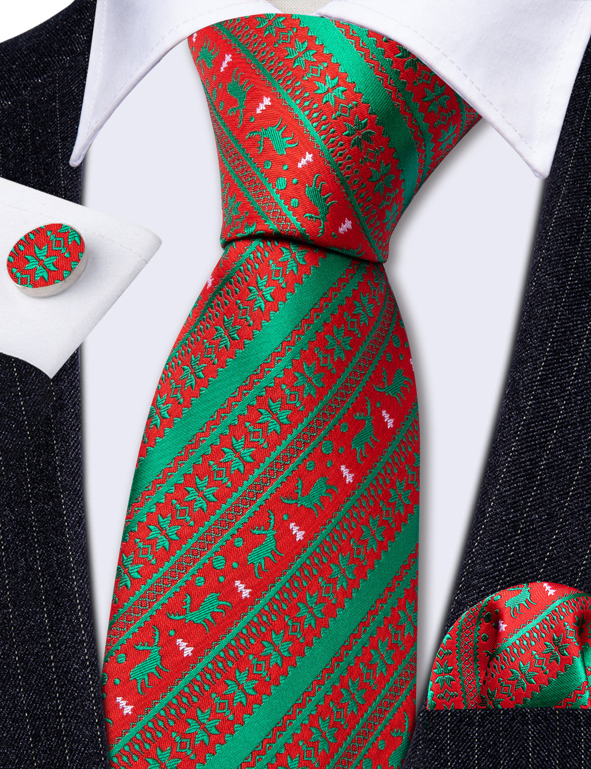 Green Red Christmas Elk Pattern Tie, Pocket Square and Cufflinks Set tie sets    - Sophisticated Gentlemen