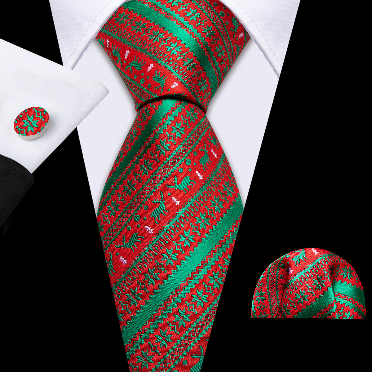 Green Red Christmas Elk Pattern Tie, Pocket Square and Cufflinks Set tie sets    - Sophisticated Gentlemen