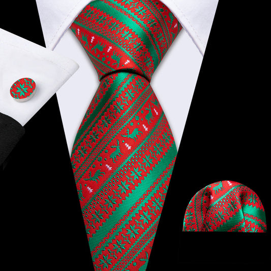 Green Red Christmas Elk Pattern Tie, Pocket Square and Cufflinks Set tie sets    - Sophisticated Gentlemen