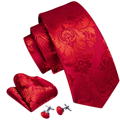 Bright Red Floral Silk Tie, Pocket Square and Cufflinks Set tie sets    - Sophisticated Gentlemen