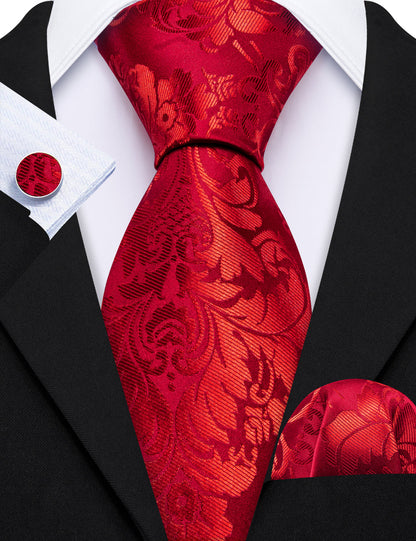 Bright Red Floral Silk Tie, Pocket Square and Cufflinks Set tie sets    - Sophisticated Gentlemen