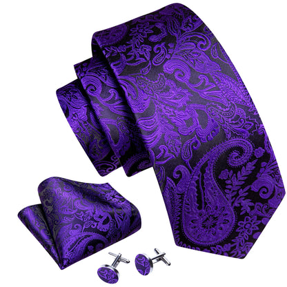 Purple and Black Paisley Floral Tie, Pocket Square and Cufflinks tie sets    - Sophisticated Gentlemen