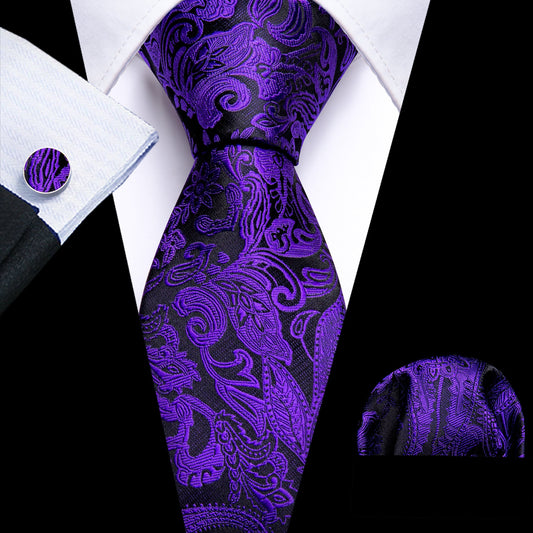 Purple and Black Paisley Floral Tie, Pocket Square and Cufflinks tie sets Default Title - Sophisticated Gentlemen