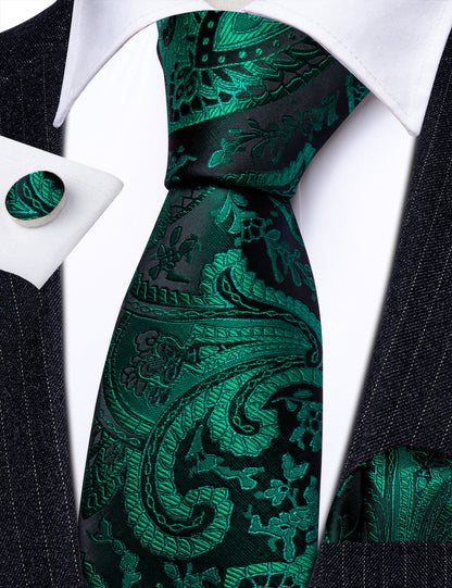 Green Paisley Jacquard Silk Tie, Pocket Square and Cufflinks Set tie sets    - Sophisticated Gentlemen