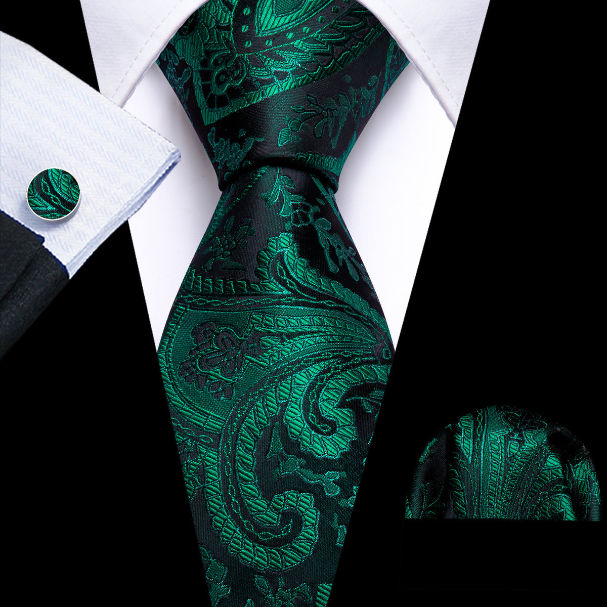 Green Paisley Jacquard Silk Tie, Pocket Square and Cufflinks Set tie sets    - Sophisticated Gentlemen