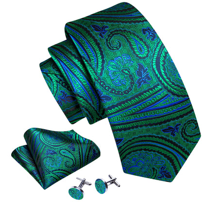 Blue and Green Paisley Floral Tie, Pocket Square and Cufflinks tie sets    - Sophisticated Gentlemen