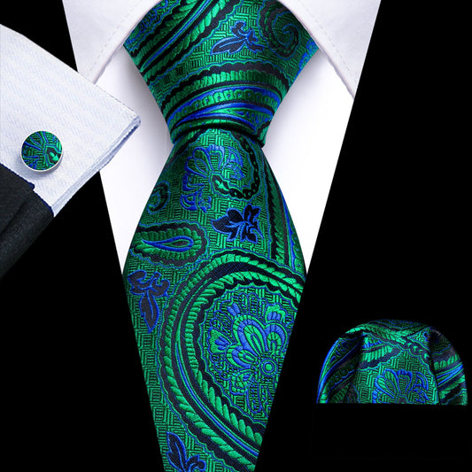 Blue and Green Paisley Floral Tie, Pocket Square and Cufflinks tie sets Default Title - Sophisticated Gentlemen