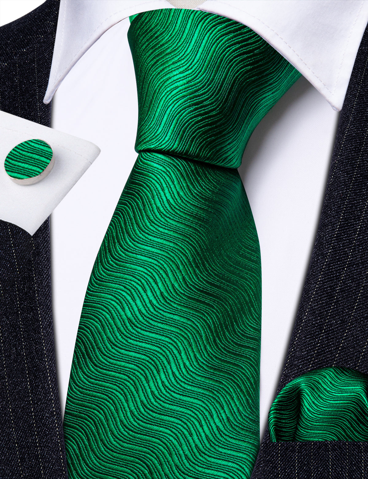 Dark Green Solid Silk Tie, Pocket Square and Cufflinks Set tie sets    - Sophisticated Gentlemen