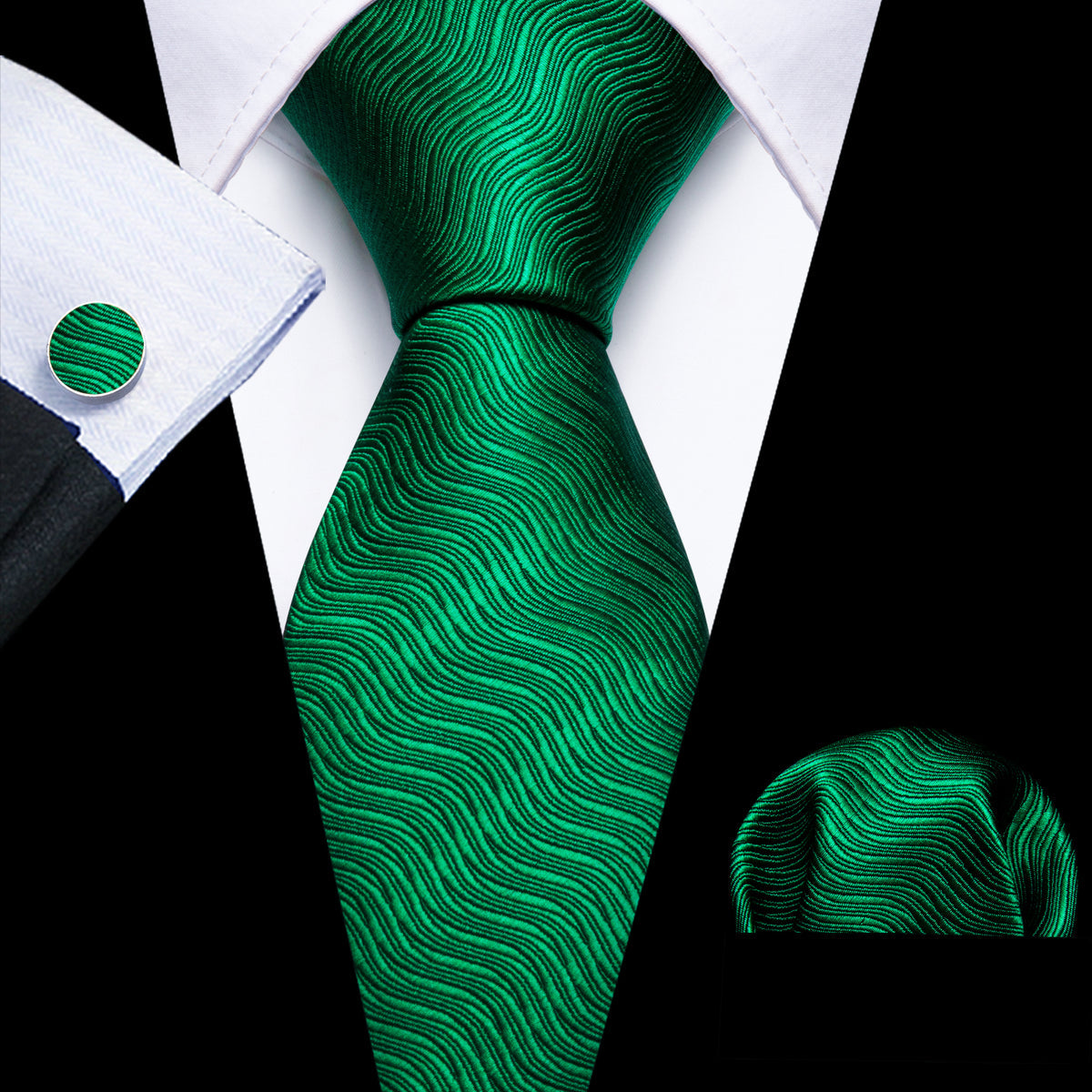 Dark Green Solid Silk Tie, Pocket Square and Cufflinks Set tie sets    - Sophisticated Gentlemen