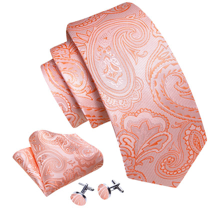Pink Orange Paisley Silk Tie, Pocket Square and Cufflinks Set tie sets    - Sophisticated Gentlemen
