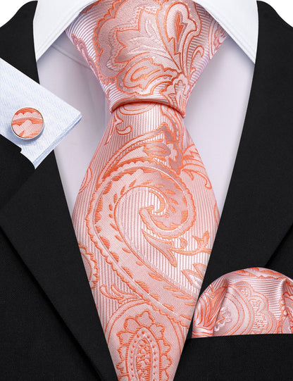 Pink Orange Paisley Silk Tie, Pocket Square and Cufflinks Set tie sets    - Sophisticated Gentlemen