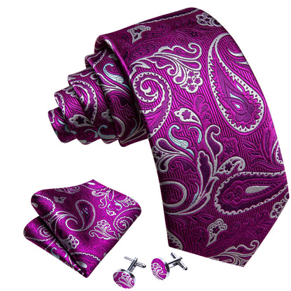 Purple White Paisley Silk Tie, Pocket Square and Cufflinks Set tie sets    - Sophisticated Gentlemen