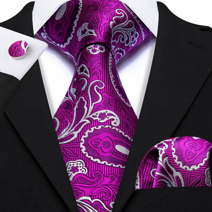 Purple White Paisley Silk Tie, Pocket Square and Cufflinks Set tie sets    - Sophisticated Gentlemen