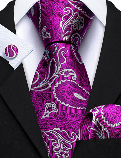Purple White Paisley Silk Tie, Pocket Square and Cufflinks Set tie sets    - Sophisticated Gentlemen