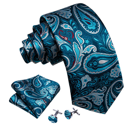 Pale Blue Paisley Silk Tie, Pocket Square and Cufflinks Set tie sets    - Sophisticated Gentlemen