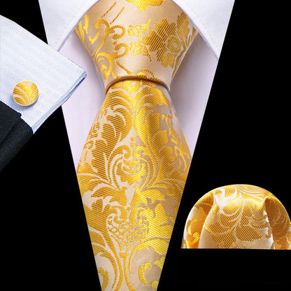 Yellow Gold Paisley Silk Tie, Pocket Square and Cufflinks Set tie sets    - Sophisticated Gentlemen