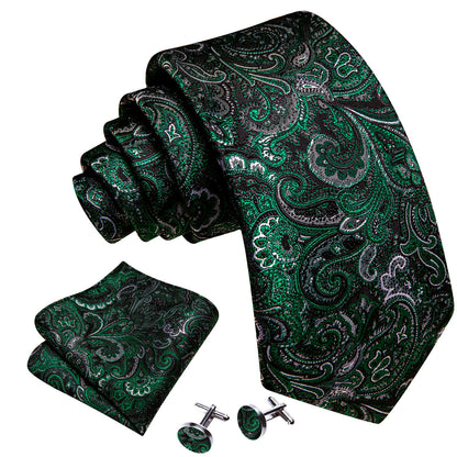 Black & Forest Green Paisley Silk Tie, Pocket Square & Cufflinks Set tie sets - Sophisticated Gentlemen
