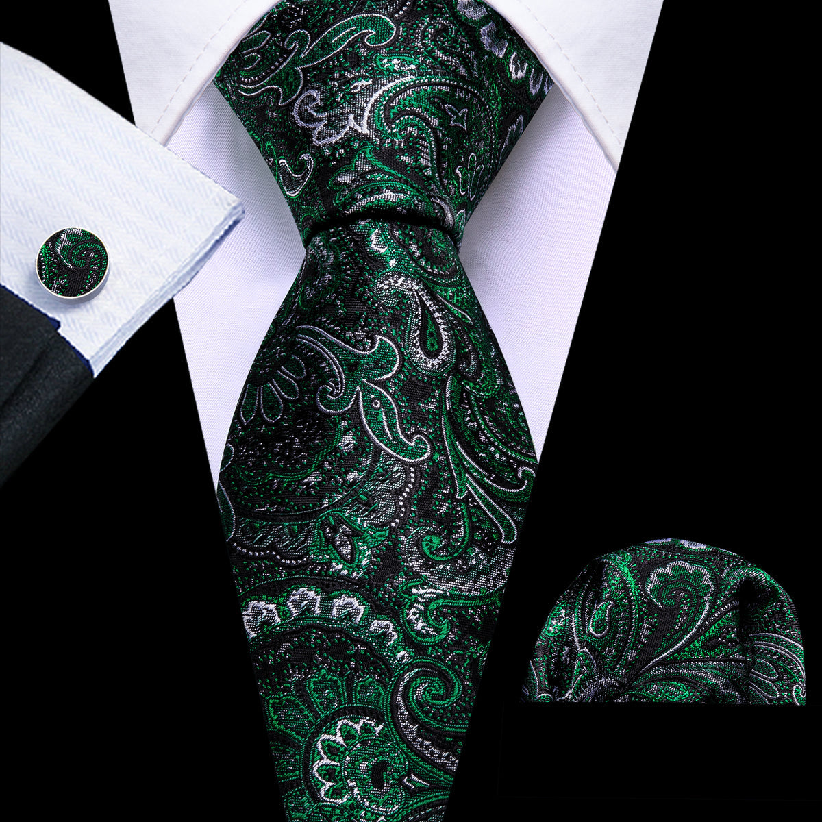 Black & Forest Green Paisley Silk Tie, Pocket Square & Cufflinks Set tie sets - Sophisticated Gentlemen