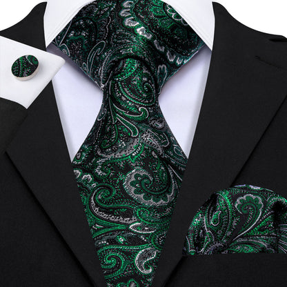 Black & Forest Green Paisley Silk Tie, Pocket Square & Cufflinks Set tie sets - Sophisticated Gentlemen