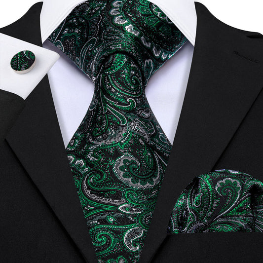 Black & Forest Green Paisley Silk Tie, Pocket Square & Cufflinks Set tie sets - Sophisticated Gentlemen