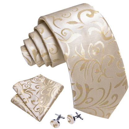 Tan Floral Silk Tie, Pocket Square and Cufflinks Set tie sets    - Sophisticated Gentlemen
