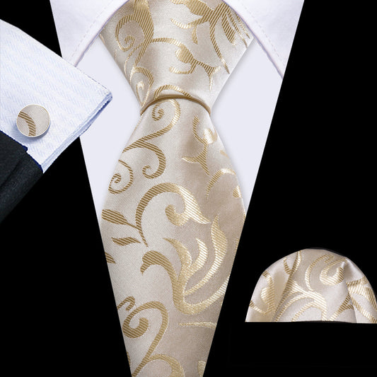 Tan Floral Silk Tie, Pocket Square and Cufflinks Set tie sets    - Sophisticated Gentlemen