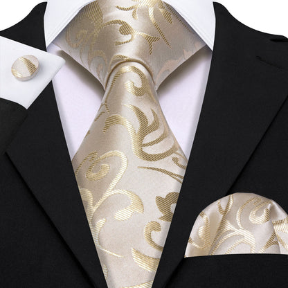 Tan Floral Silk Tie, Pocket Square and Cufflinks Set tie sets    - Sophisticated Gentlemen