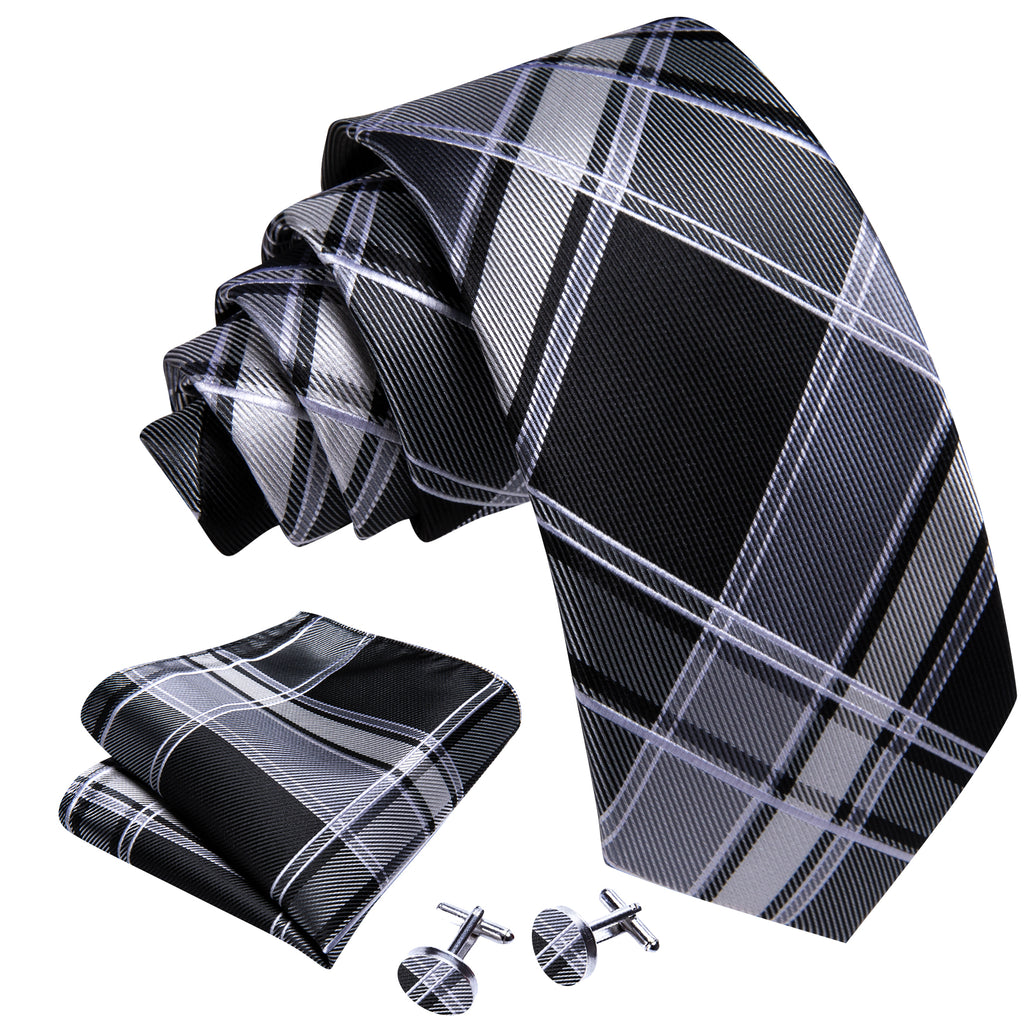 Black Gray Plaid Silk Tie, Pocket Square and Cufflinks Set tie sets    - Sophisticated Gentlemen