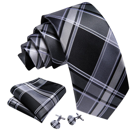 Black Gray Plaid Silk Tie, Pocket Square and Cufflinks Set tie sets    - Sophisticated Gentlemen