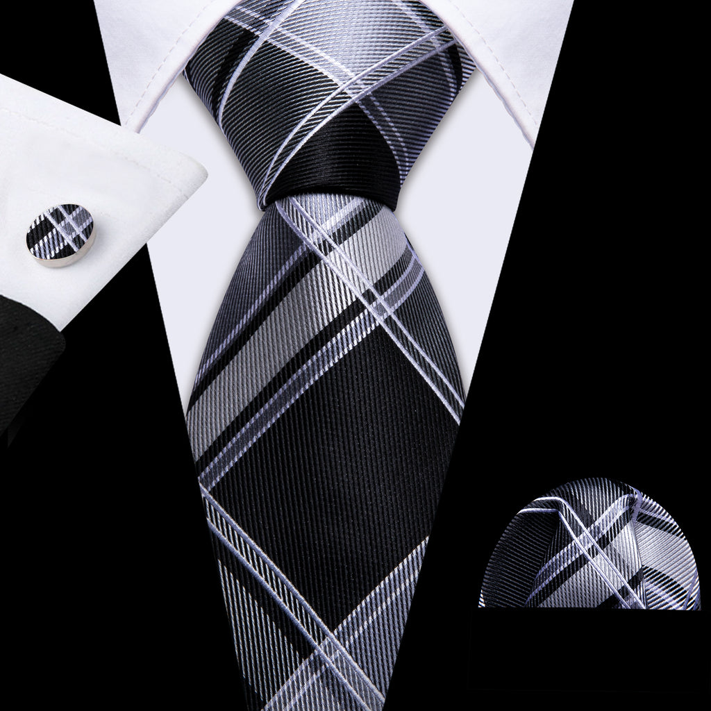 Black Gray Plaid Silk Tie, Pocket Square and Cufflinks Set tie sets    - Sophisticated Gentlemen