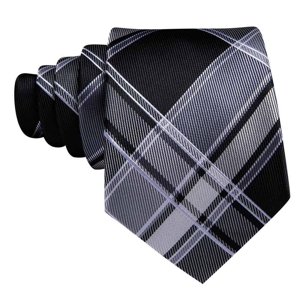 Black Gray Plaid Silk Tie, Pocket Square and Cufflinks Set tie sets    - Sophisticated Gentlemen