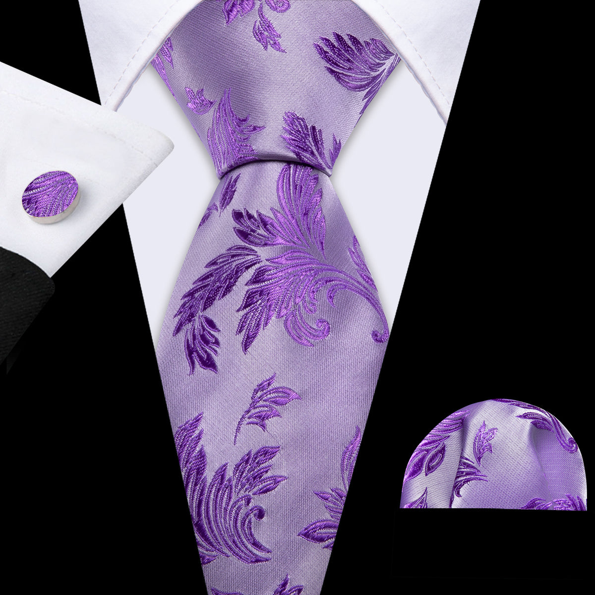 Purple Floral Silk Tie, Pocket Square and Cufflinks Set tie sets    - Sophisticated Gentlemen