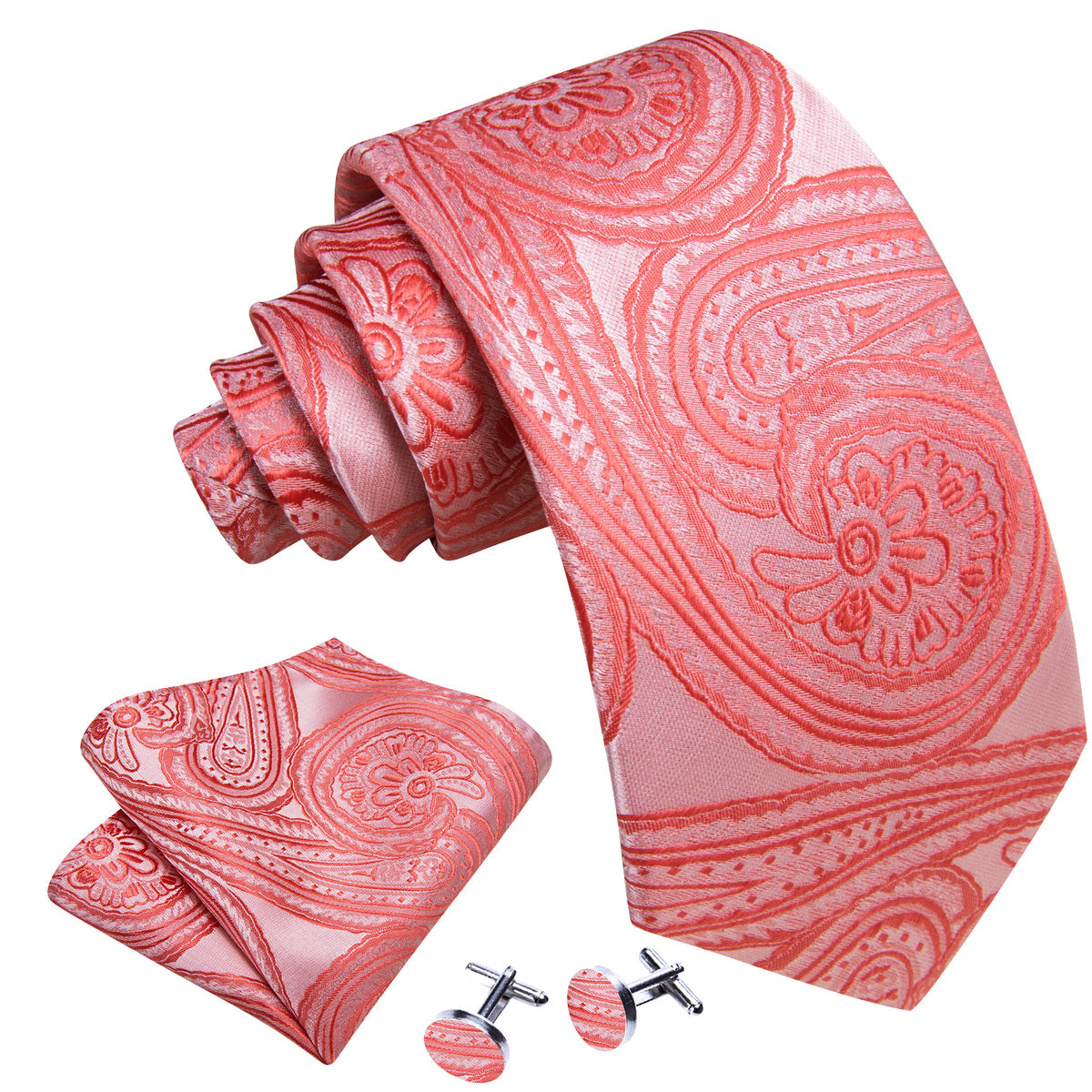Light Coral Paisley Silk Tie, Pocket Square and Cufflinks Set tie sets    - Sophisticated Gentlemen